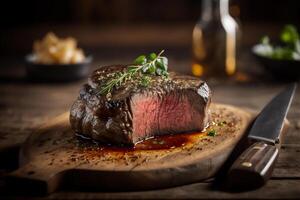 saftig gegrillt Steak mit Kräuter und Gewürze auf rustikal Schneiden Tafel. Grill. ai generiert foto