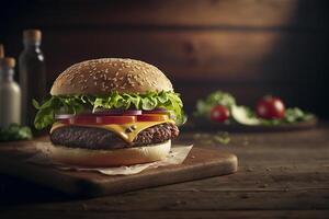 lecker hausgemacht Hamburger auf rustikal hölzern Tisch. Kopieren Raum. Werbung. ai generiert. schnell Essen Snack foto