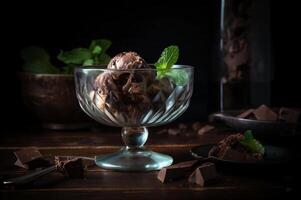 Gourmet Schokolade Eis Sahne im Glas Schüssel auf Eis Sahne Salon Tisch. rustikal Holz. ai generiert. gefroren Dessert foto