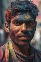 indisch Mann Nahansicht Porträt mit bunt Farbe foto