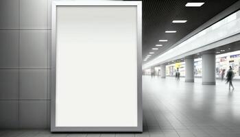 leer Poster Plakatwand befestigt Mauer mit Kopieren Raum zum Ihre Text Botschaft im modern Einkaufen einkaufszentrum.generativ ai foto