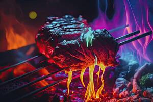 gegrillt Fleisch im Neon- Farben. generativ ai. foto