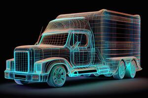 LKW. abstrakt 3d schwer LKW van auf Autobahn Straße. Symbol Stift. isoliert auf Blau. Transport Fahrzeug, Lieferung Transport, Ladung logistisch Konzept. Fracht Versand, International liefern ai foto