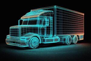 LKW. abstrakt 3d schwer LKW van auf Autobahn Straße. Symbol Stift. isoliert auf Blau. Transport Fahrzeug, Lieferung Transport, Ladung logistisch Konzept. Fracht Versand, International liefern ai foto