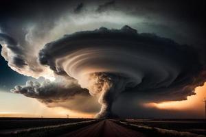 Verdrehen Tornado Über Straße zerstören bürgerlich Gebäude. Hurrikan Sturm im Landschaft Landschaft. natürlich Katastrophe Wasserspeier im Feld Illustration. ai foto