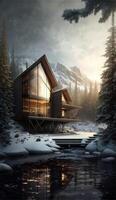 atemberaubend futuristisch Holz und Glas Luxus Öko-Haus beim Kante von Teich generativ ai foto
