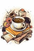 Zeichnung von Bücher und Kaffee Epos Komposition auf Weiß Hintergrund generativ ai foto