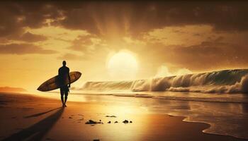 Surfer tragen ein Surfen Tafel auf das Strand mit golden Aussicht generativ ai foto