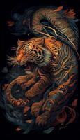 das Tiger Chinesisch Stil Kunst auf schwarz Hintergrund generativ ai foto