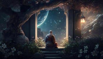 ein Mönch meditieren im ein Garten mit ein Galaxis über generativ ai foto