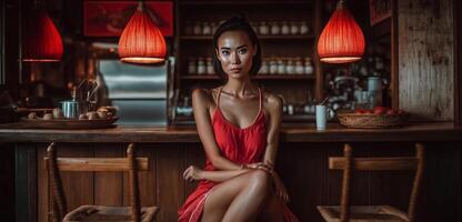 schön asiatisch Mädchen im rot kurz Kleid generativ ai foto