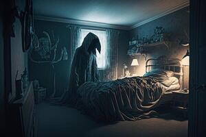 grimmig Sensenmann schwebend im ein Schlafzimmer Nächster zu ein Bett dunkel Bild generativ ai foto