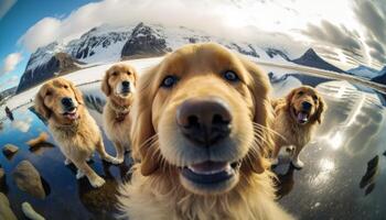 ein Gruppe von golden Retriever Hunde am süßesten Gruppe von Hund nehmen Selfie generativ ai foto