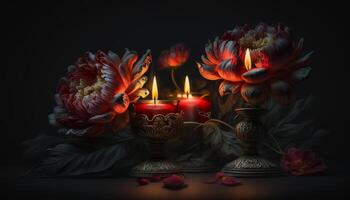 Foto Vorderseite Aussicht von Verbrennung Kerzen mit rot Blumen generativ ai