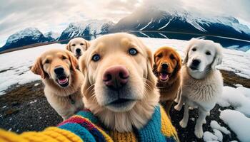 ein Gruppe von golden und Weiß Retriever Hunde zusammen nehmen Selfies generativ ai foto