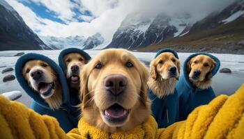 ein Gruppe von golden Retriever Hunde tragen ziemlich Gelb und Blau Sweatshirt generativ ai foto