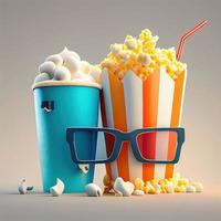 Eimer von Popcorn mit 3d Brille und Getränk Bild foto