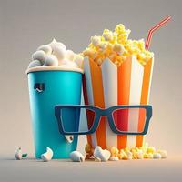 Eimer von Popcorn mit 3d Brille und Getränk Bild foto