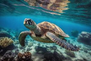 Grün Meer Schildkröte Schwimmen Koralle foto