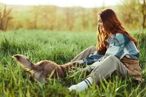 Frau glücklich lächelnd beim spielen mit ihr wenig Hund draußen auf frisch Grün Gras im das Sommer- Sonnenschein ihr und ihr Hund Gesundheit, Gesundheit Konzept und rechtzeitig Behandlung zum Insekten Zecken und Tick Flöhe foto