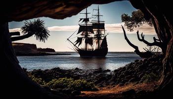 Meer Lagune mit hölzern Pirat Schiff mit schwarz Segel mit Schädel. tropisch Insel Sand Strand Landschaft mit Palme Bäume, Berge und Korsar Boot auf Wasser, Karikatur Illustration. ai foto