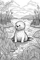 Färbung Buch Buchseite. Karikatur Tiere zum Kinder, Otter. generativ ai foto