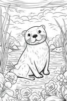 Färbung Buch Buchseite. Karikatur Tiere zum Kinder, Otter. generativ ai foto