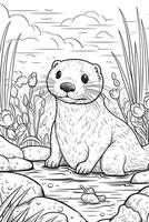 Färbung Buch Buchseite. Karikatur Tiere zum Kinder, Otter. generativ ai foto