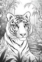 Färbung Buch Buchseite. Karikatur Tiere zum Kinder, Tiger. generativ ai foto