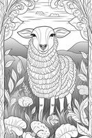 Färbung Buch Seite zum Kinder. Schaf isoliert auf Weiß Hintergrund. schwarz und Weiß. generativ ai foto