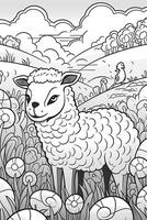 Färbung Buch Seite zum Kinder. Schaf isoliert auf Weiß Hintergrund. schwarz und Weiß. generativ ai foto