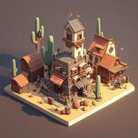 wild Westen Stadt, Dorf Landschaft, 3d süß Stil. Digital Illustration. ai foto