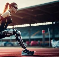 Frau Läufer mit Bein Prothesen Laufen nach vorne. Sport Wettbewerb. Pop Kunst retro Illustration foto