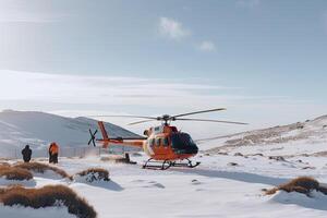 Suche und Rettung Betrieb im Berge. medizinisch Rettung Hubschrauber Landung im schneebedeckt Berge. erstellt mit generativ ai foto