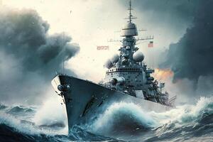 modern Kriegsschiff im das Meer. Militär- Macht Schiff Segeln im Ozean. erstellt mit generativ ai foto