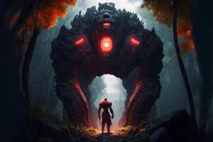 mystisch Portal im das Wald im das bilden von ein Golems Kopf, rot Nebel. generativ ai foto