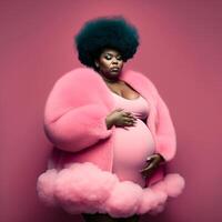 schwanger schwarz fettig schön Frauen mit ein flauschige Kleid generativ ai foto