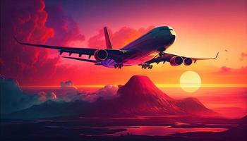 Sonnenuntergang Über das Meer und das Ebene. Illustration von ein modern Flugzeug fliegend Über das Meer beim Sonnenuntergang Hintergrund. skizzieren zum Kreativität. ai foto
