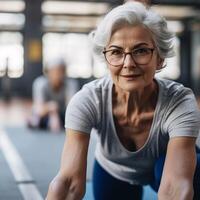 älter Frau Aktivität im Fitnessstudio. ai generiert Illustration foto