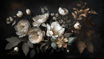 generativ ai, schließen oben von Blühen Blumenbeete von tolle Weiß und golden Blumen auf dunkel launisch Blumen- texturiert Hintergrund. fotorealistisch Wirkung. foto