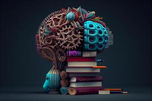 Bildung Konzept. Stapel von Bücher mit Gehirn und Getriebe. 3d Illustration generativ ai foto