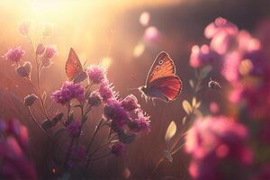 Lavendel Blumen im das Sonnenuntergang Licht. selektiv Fokus. generativ ai foto