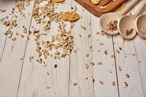 hölzern Geschirr Essen Müsli Holz Hintergrund foto