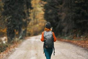 Reisender mit ein Rucksack im das Wald auf das Straße im Herbst Bäume Modell- foto