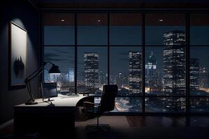 Geschäftsmann Stehen im modern Büro Innere und suchen beim Nacht Stadt. gemischt Medien generativ ai foto