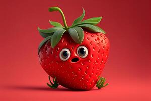 Erdbeere mit komisch Gesicht auf rot Hintergrund. 3d Illustration generativ ai foto