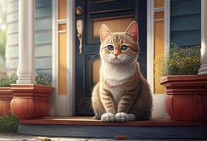 süß Katze Sitzung auf das Veranda von das Haus. 3d Rendern generativ ai foto