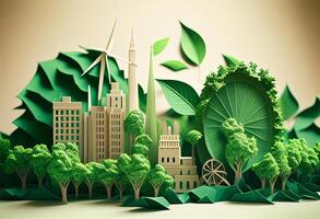 Ökologie Stadt mit Wind Turbinen und Bäume. Papier Kunst Stil. Illustration. generativ ai foto