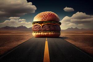 Hamburger mit Roller auf das Straße. 3d Rendern generativ ai foto