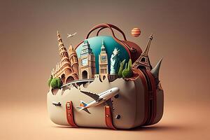 Reisen um das Welt Konzept. 3d Illustration von ein Koffer mit ein Welt Karte, Flugzeug generativ ai foto